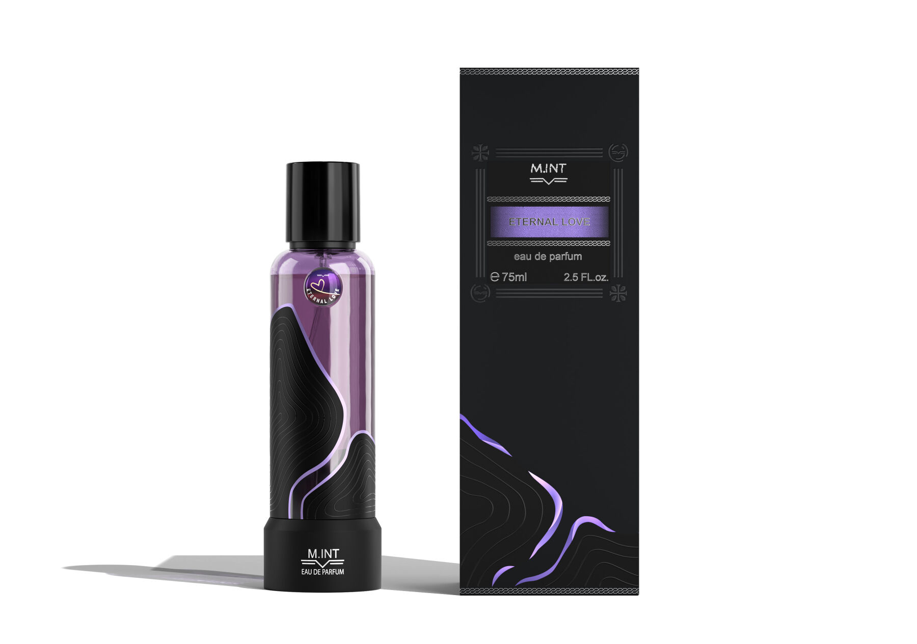 Eternal Love perfume bottle next to its box against a white background