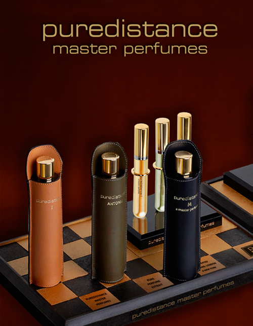 Puredistance perfume bottles and leather pouches