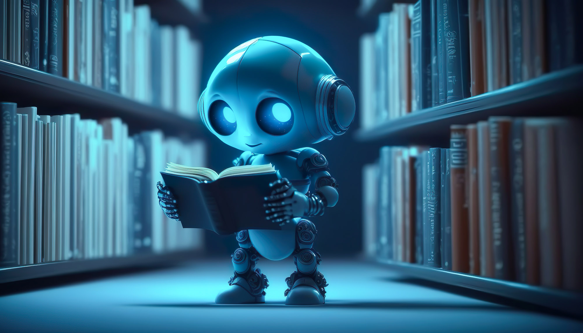 AI Computer reading books in a library.