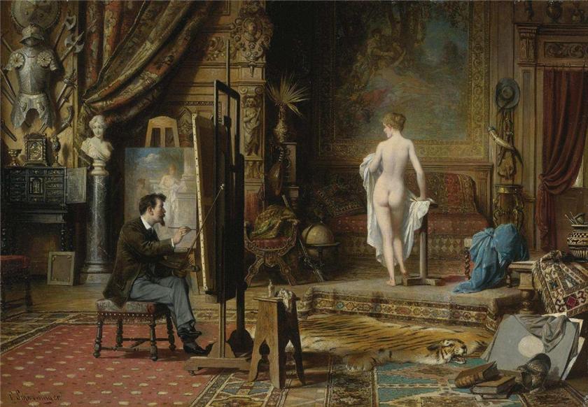 painting The Artist and his Model (Carl Schweninger Jr, 1888)