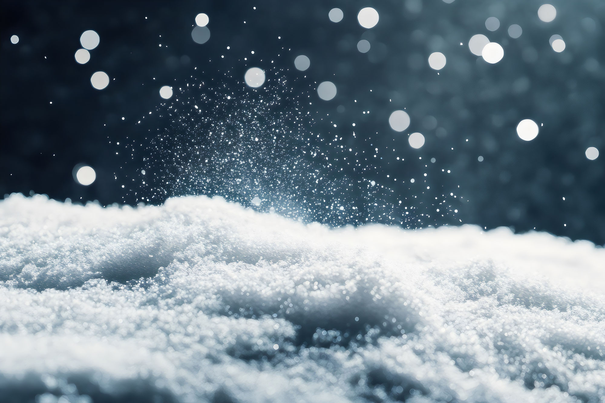 Sníh proti tmavé večerní obloze.