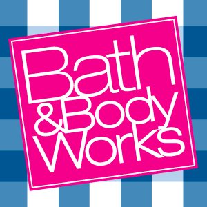 Bath and Body Works logo in pink and white against a blue gingham background