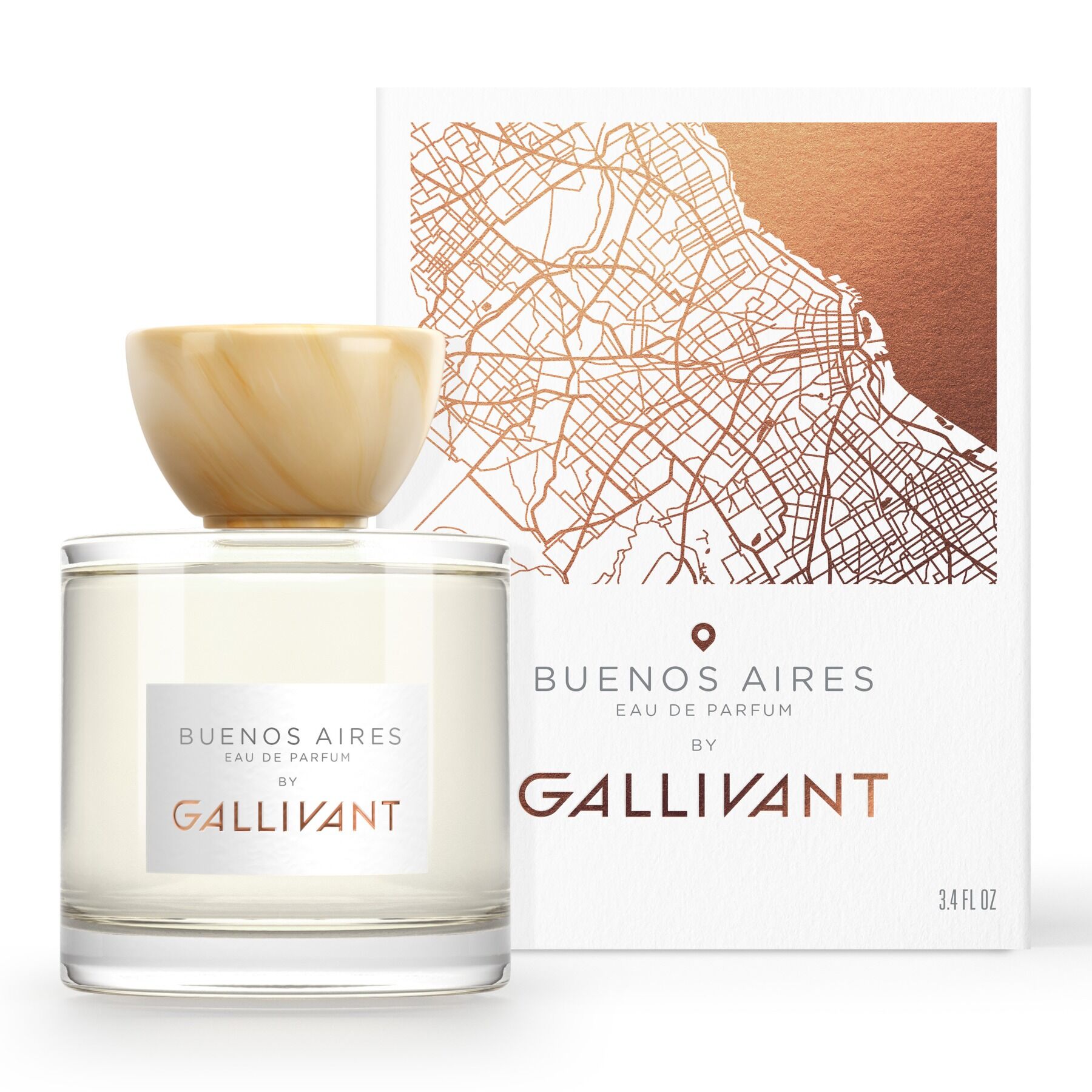 A bottle of Buenos Aires shown next to the box for the fragrance on a white background