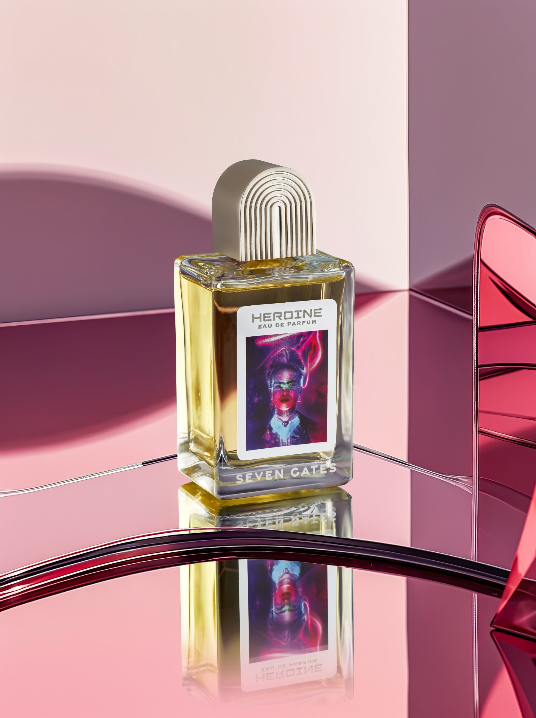 Heroine by Seven Gates set against pink mirrored surfaces