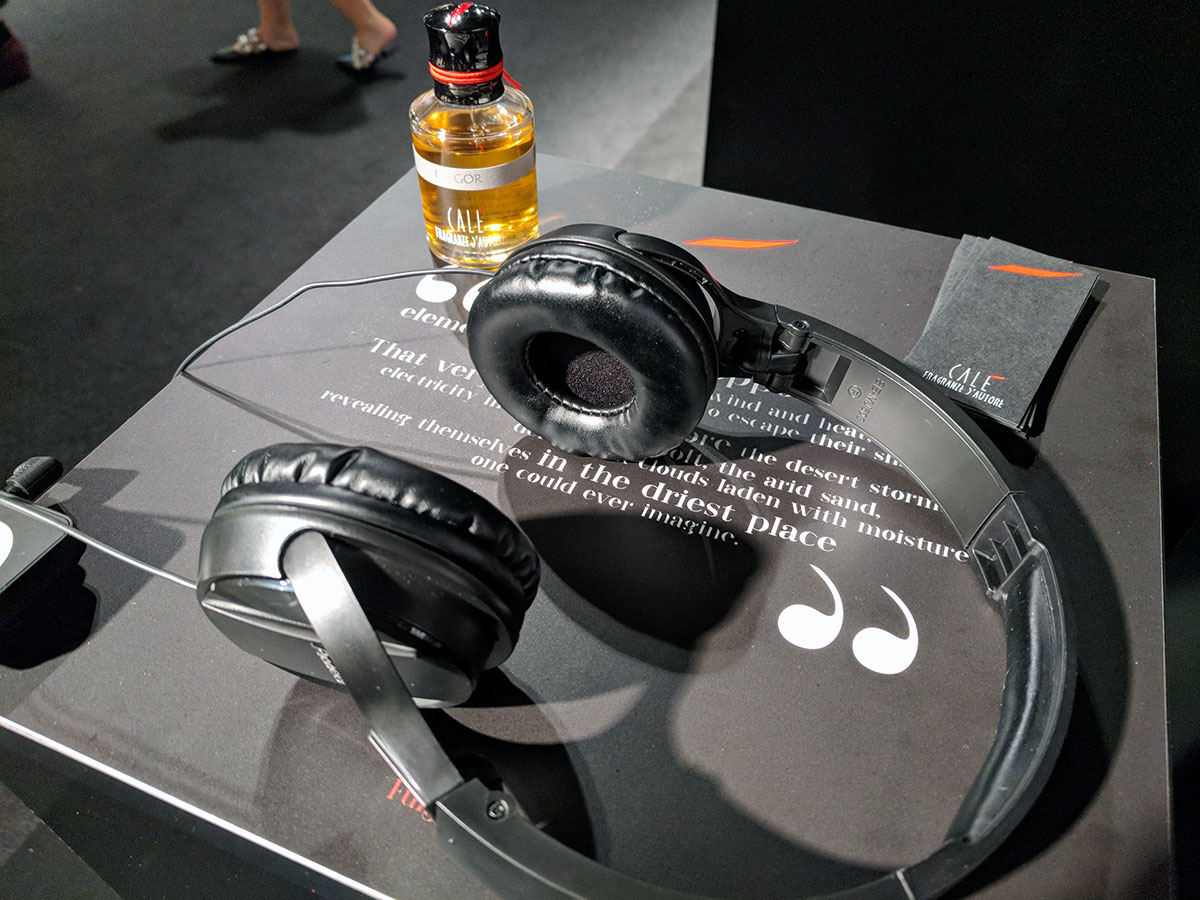 Headphones at display for Cale fragrances, Esxence
