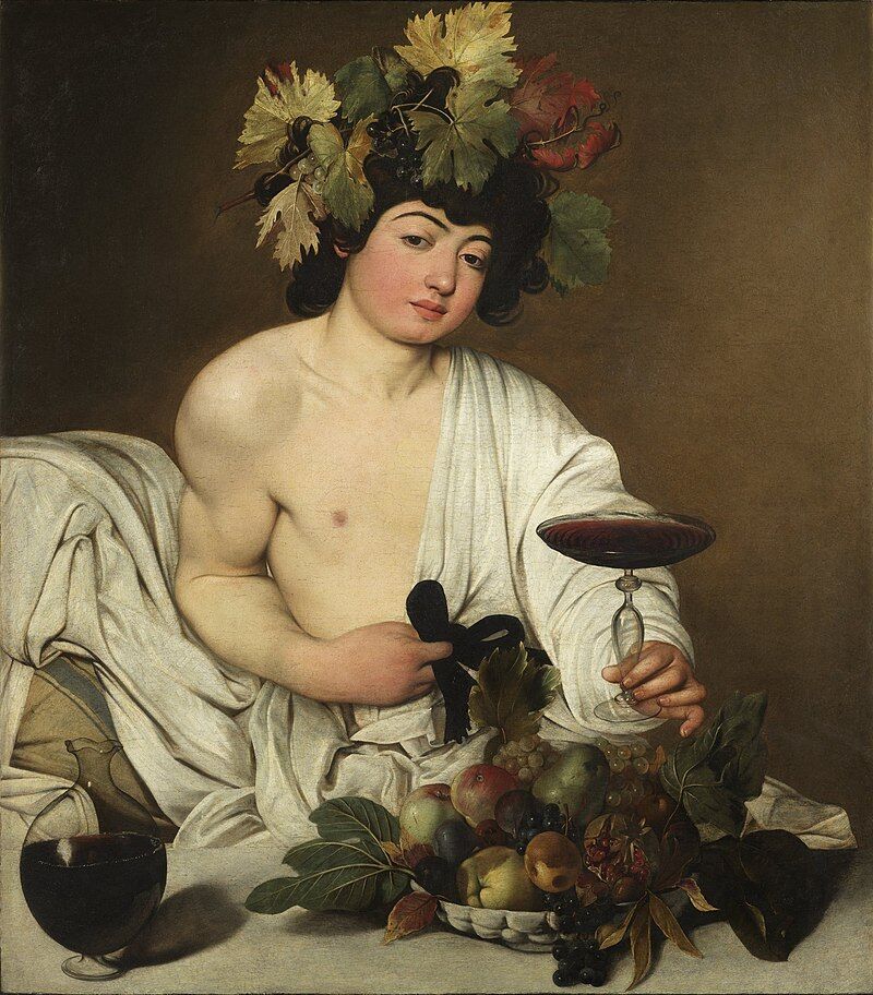 painting of Bacchus/Dionysus by Caravaggio via wikimedia commons