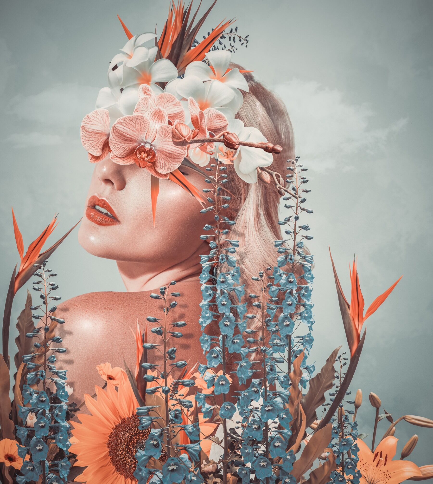 A piece of modern art with a woman covered in feathers and different shapes