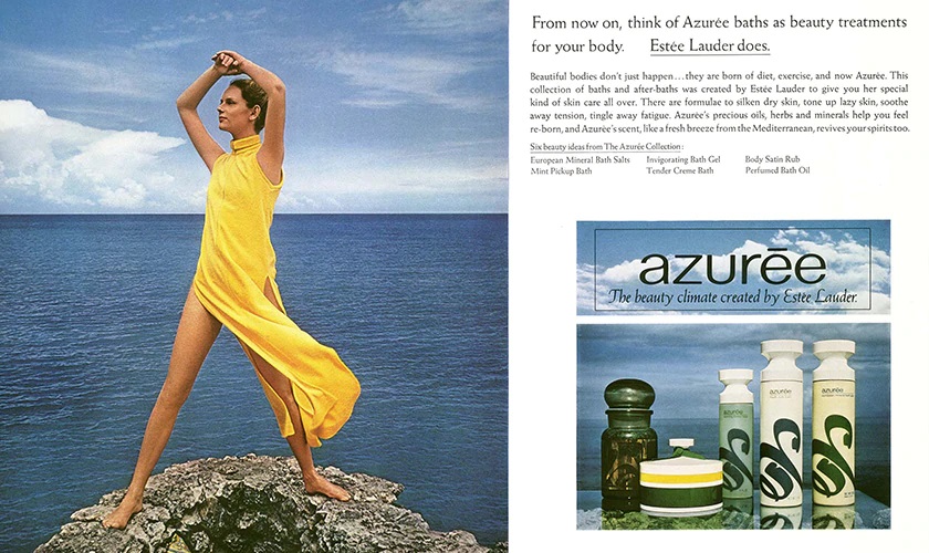 retro ad for Azuree by Lauder with woman in the sun in yellow dress