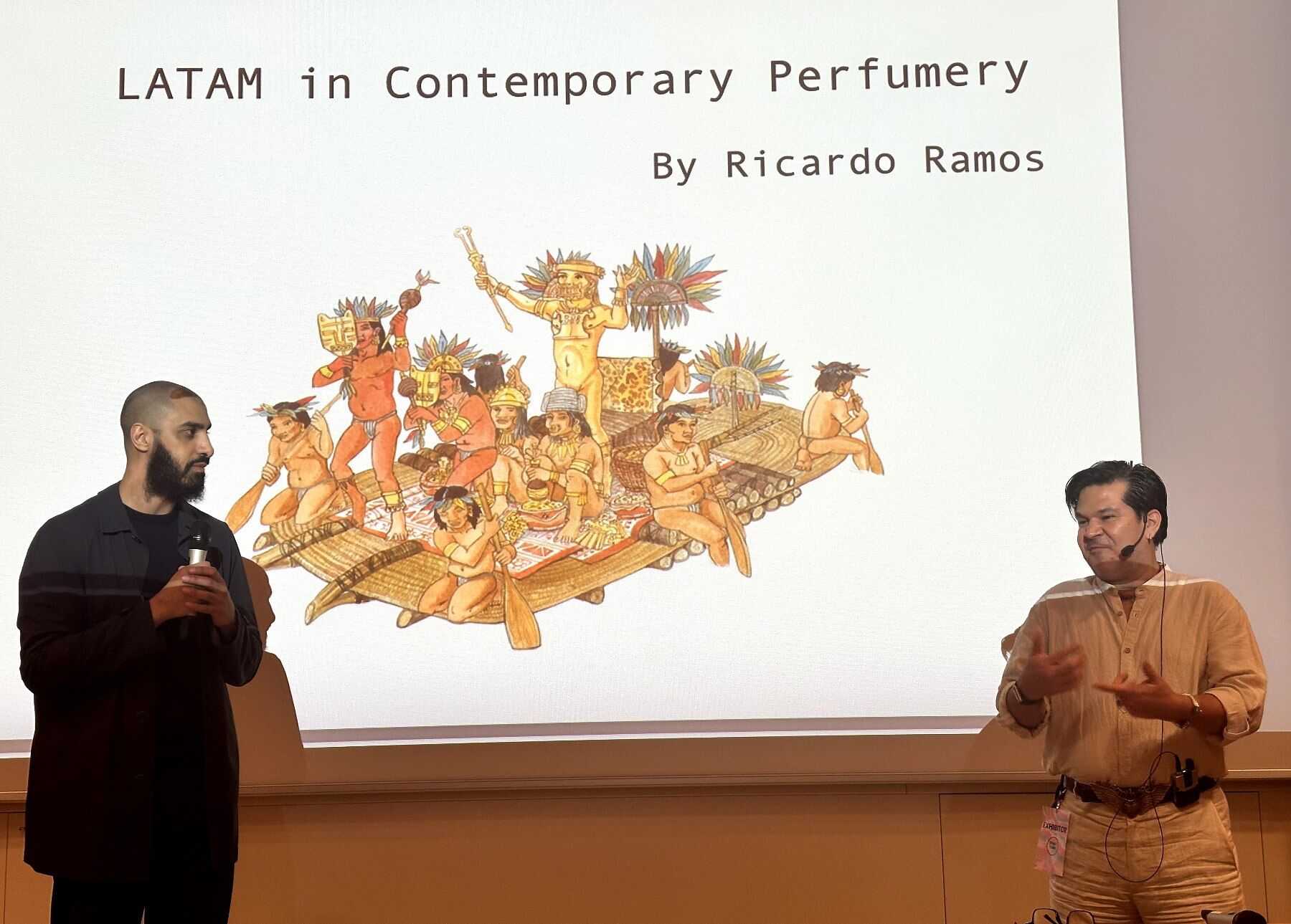 Ricardo Ramos giving his talk in front of a slide that says LATAM in Contemporary Perfumery