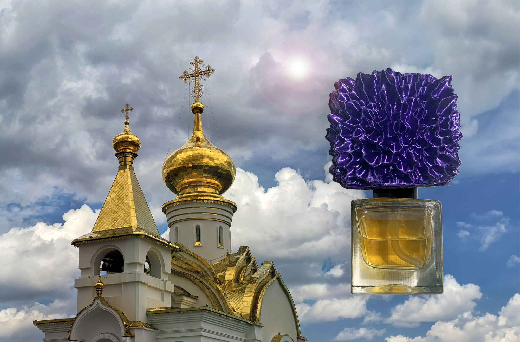St Seraphim's Stone perfume bottle against the Orthodox church of St. Seraphim.