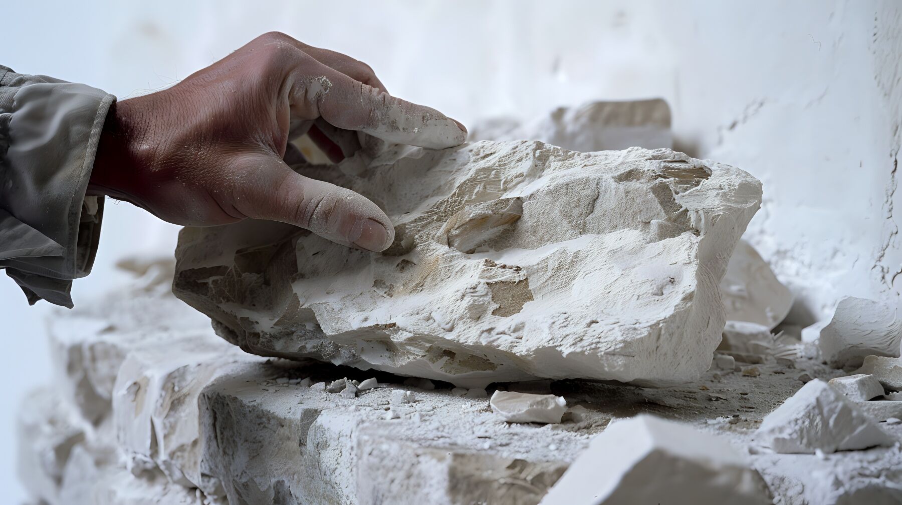 A hand reaching out to grasp a piece of white masonry