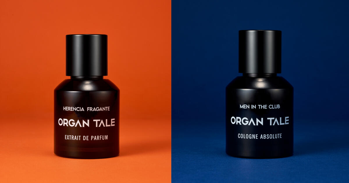 Two Organ Tale perfumes shown side by side on an orange and blue backdrop