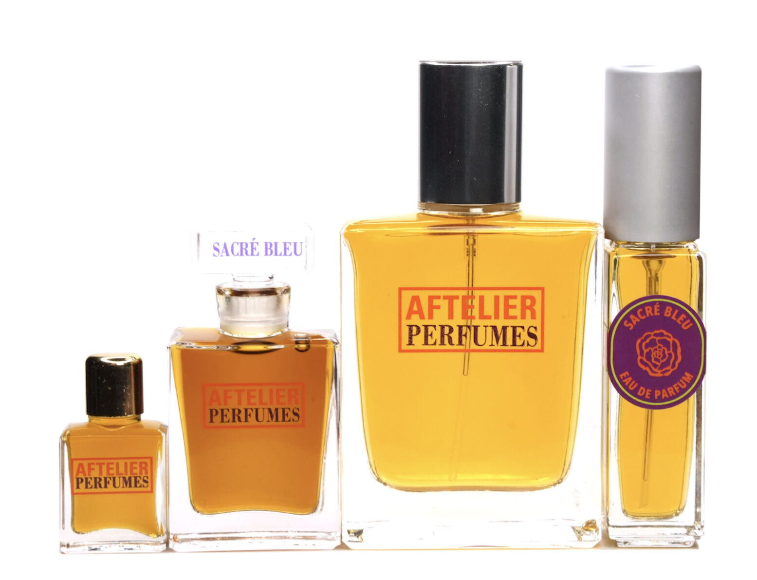 Perfume bottle variations of Sacré Bleu by Aftelier Perfumes.
