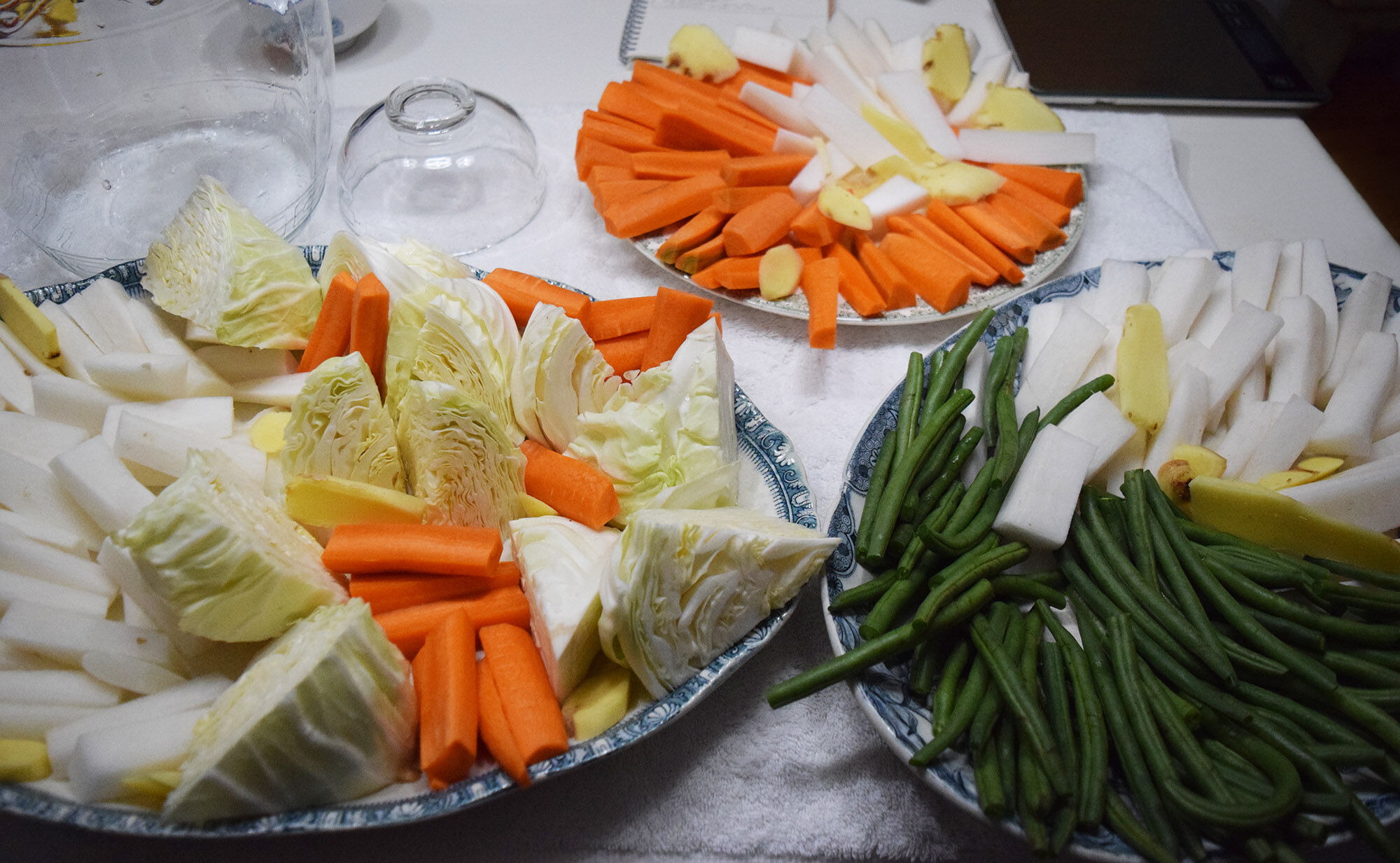 Vegetables cut up for making Chinese pickles.