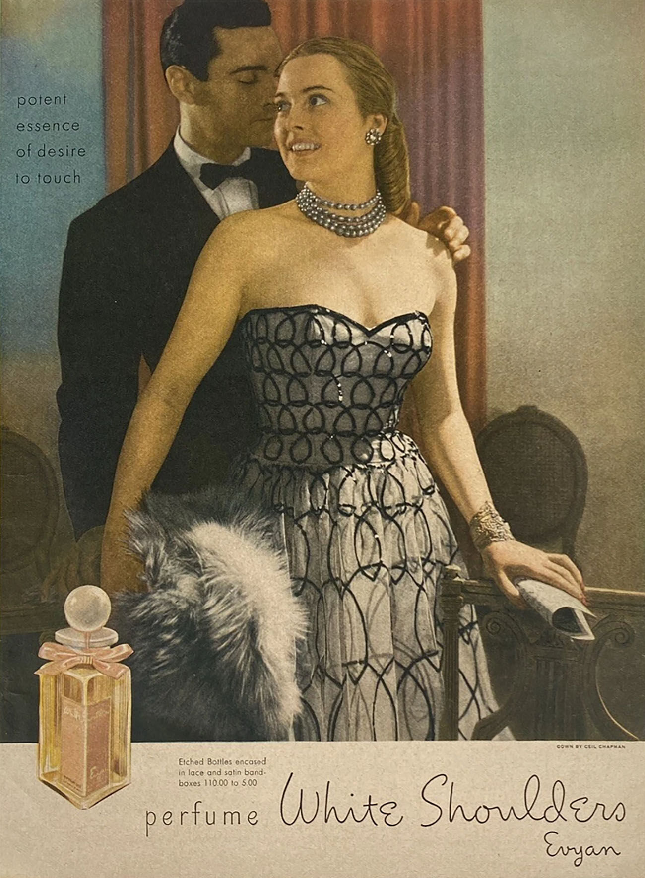 White Shoulders perfume advertisement, 1950s.