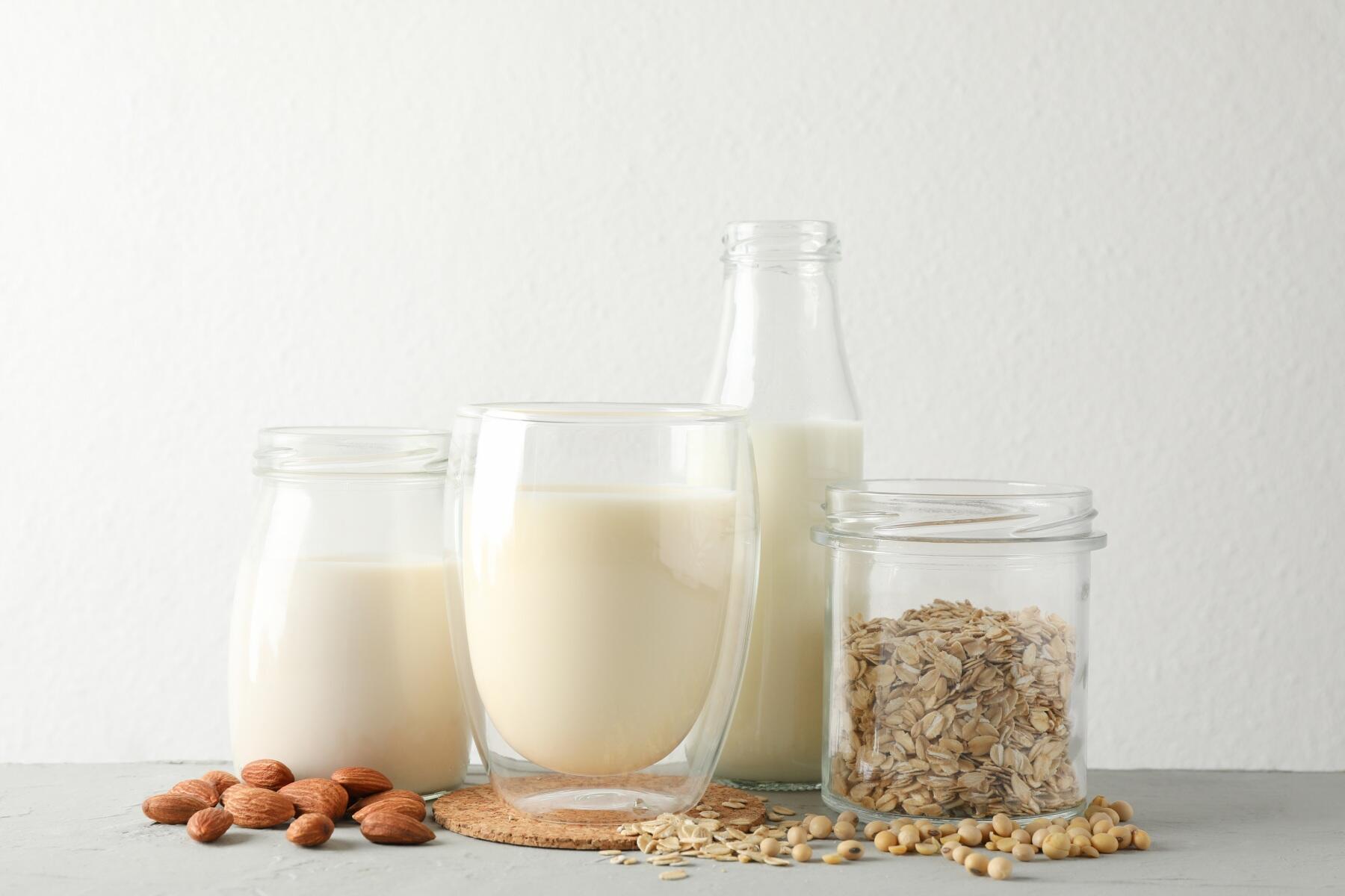Different types of milk in different vessels from oat to nut 
