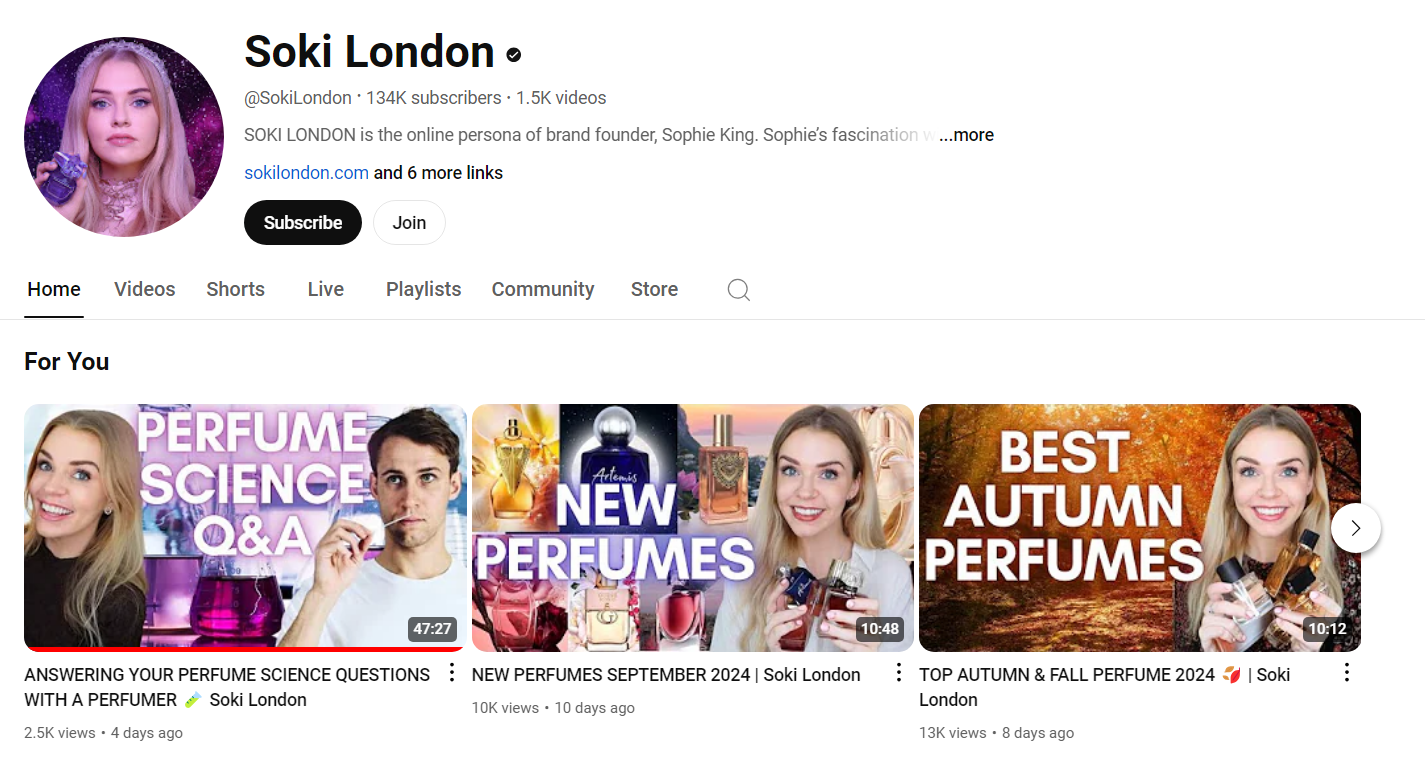 Soki London perfume Youtuber's page screen shot