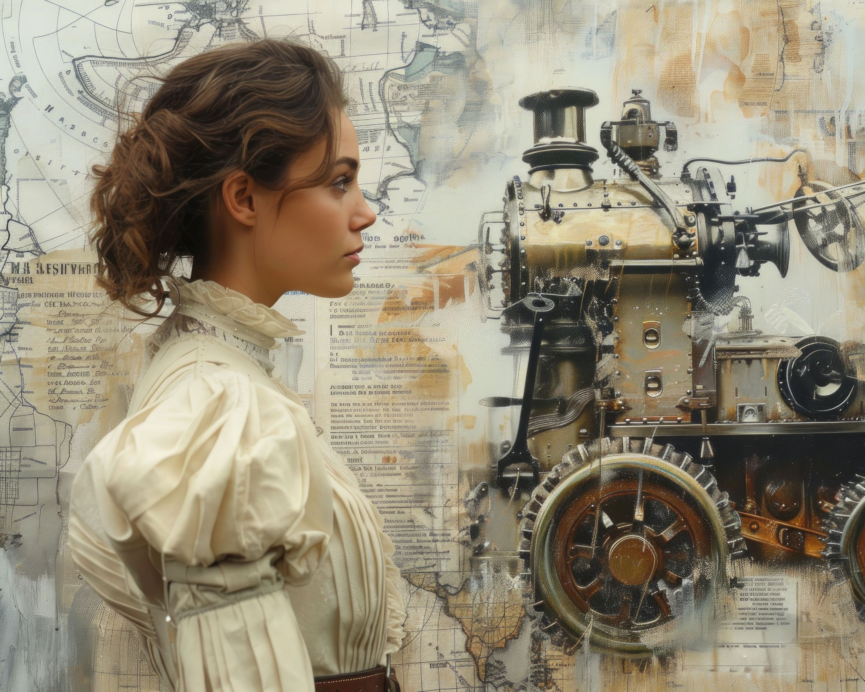 woman in old fashioned white cotton dress and steam engine drawing