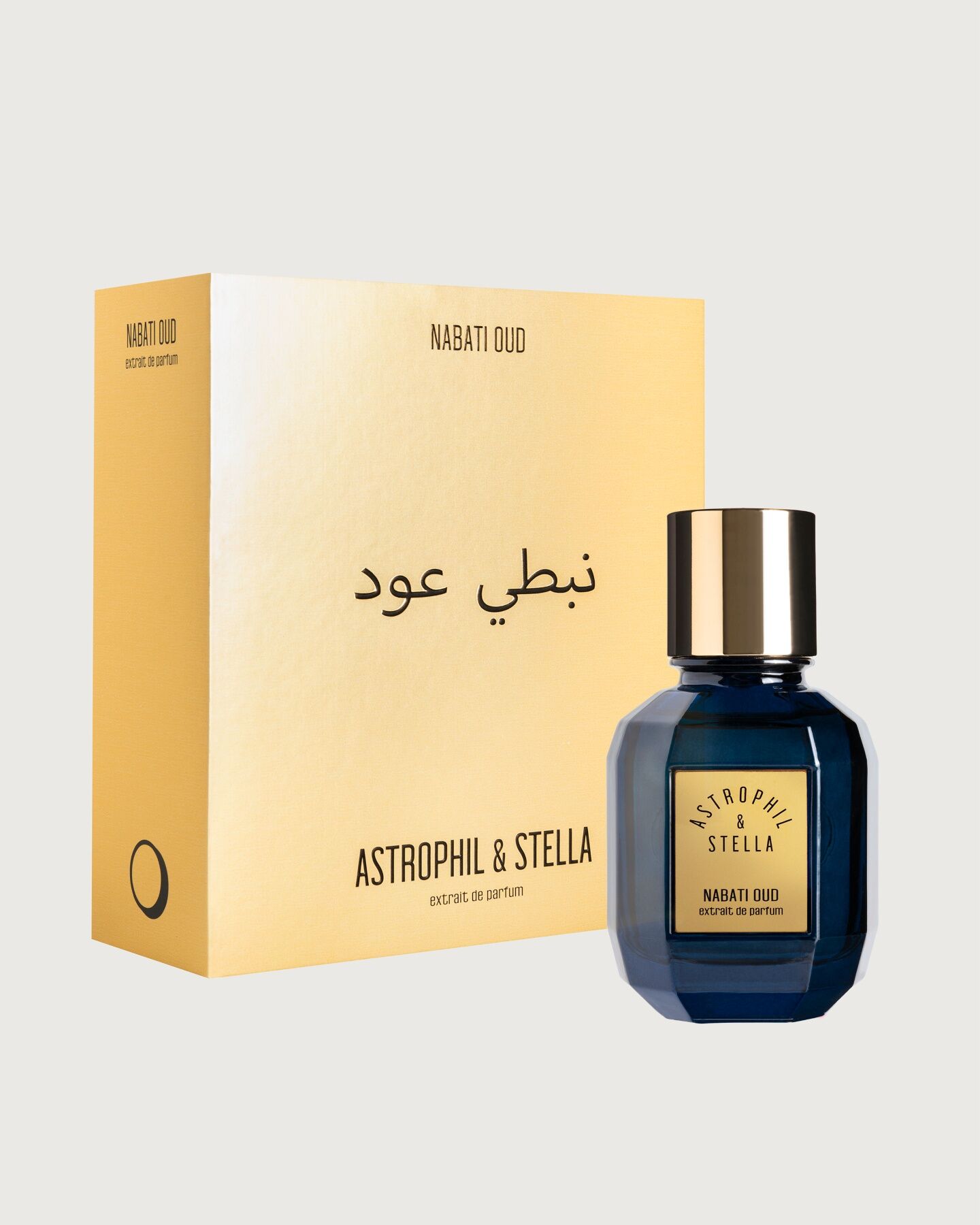 A bottle and box for Nabati Oud. The box is golden and the bottle is shaped like a grenade