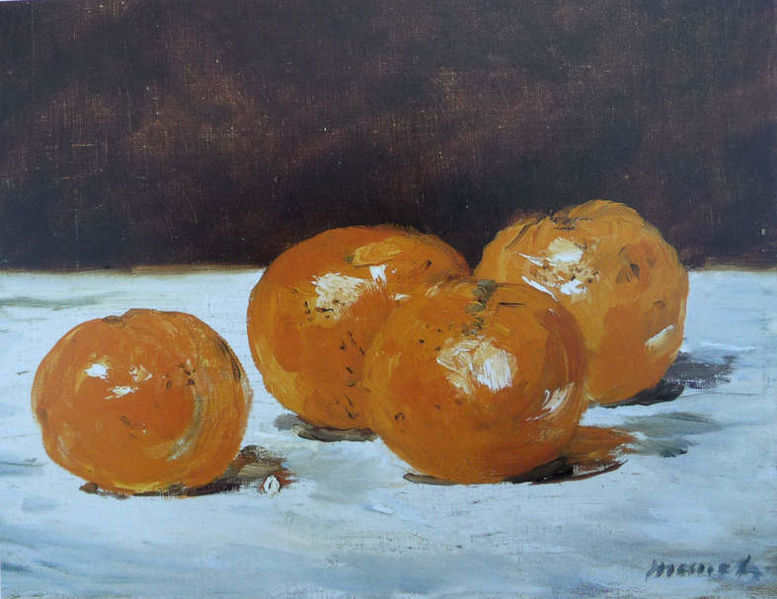 Edouart Manet Quatre Mandarines painting via wikimedia commons