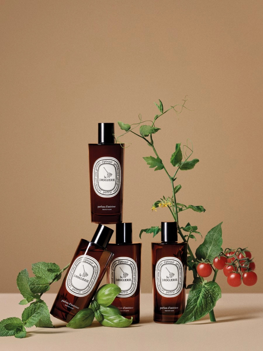 Diptyque La Droguerie interior spray with basil bottles