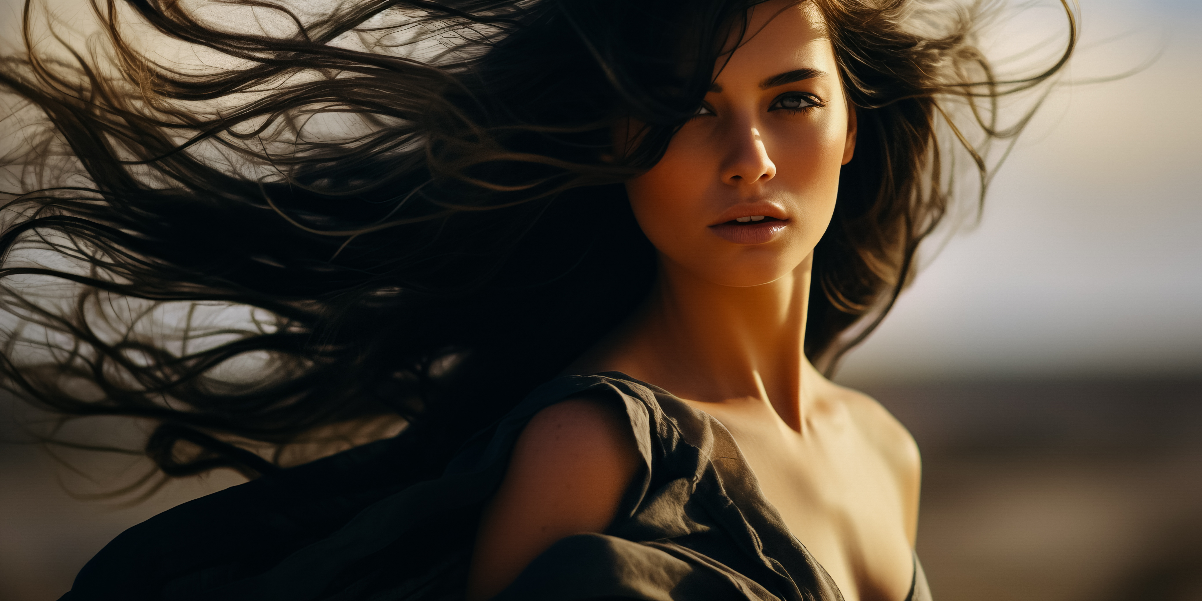 brunette woman with long hair in the wind