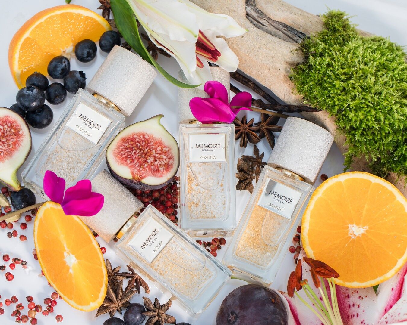 A group of Memoize fragrance enhancers surrounded by slices of fruit, herbs, spices and woods