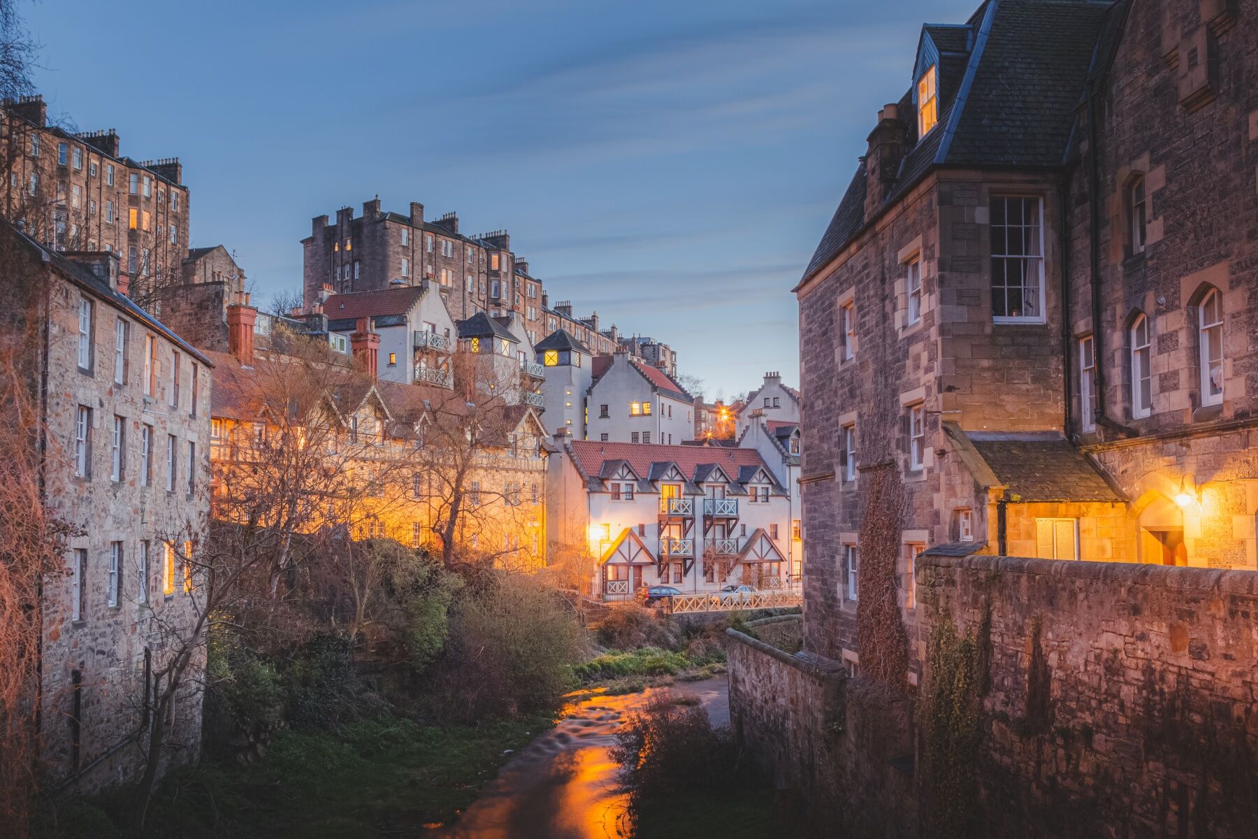 Houses and shops in Stockbridge in Edinburgh as dusk falls