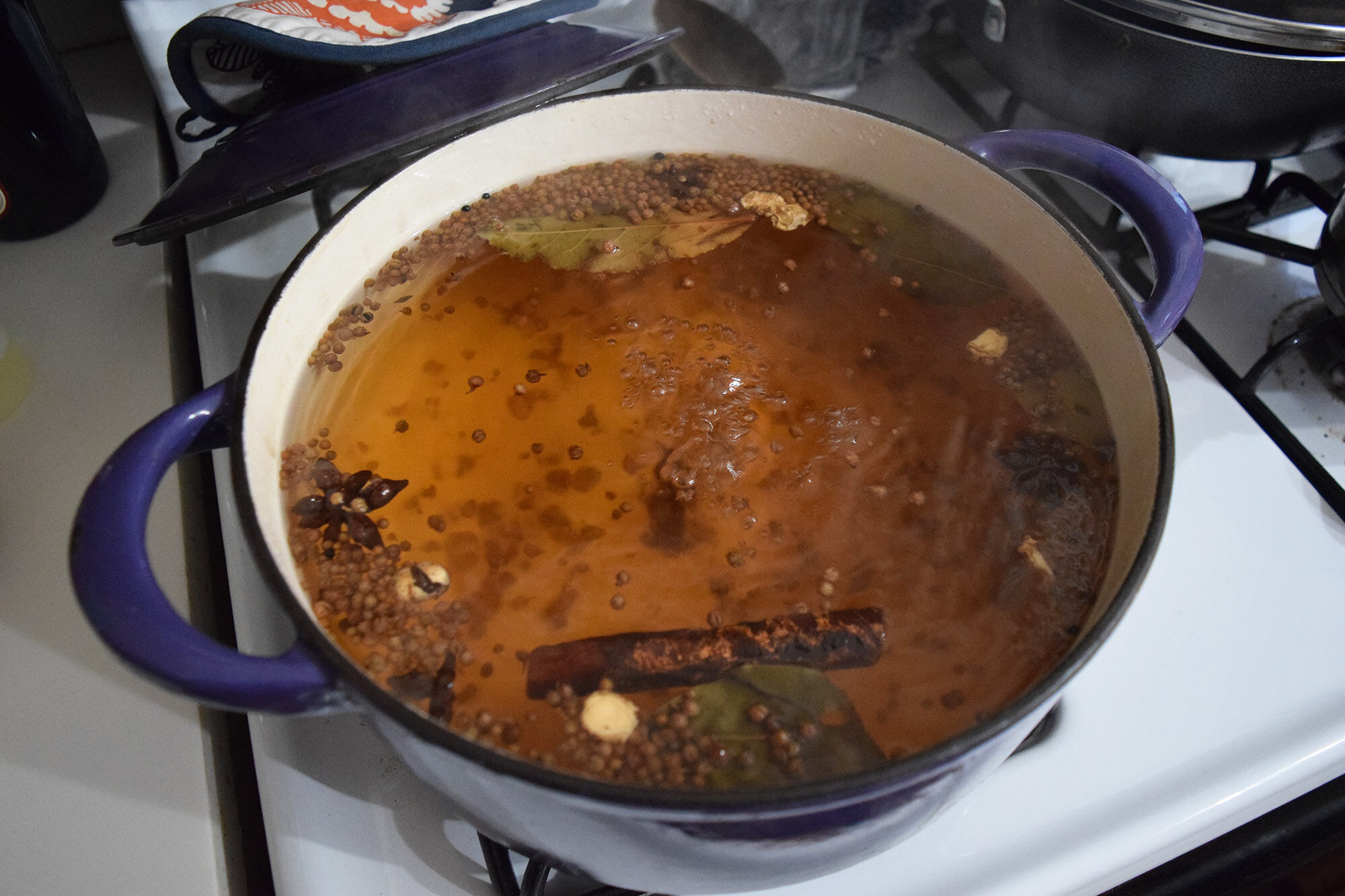The boiling brine and spices.