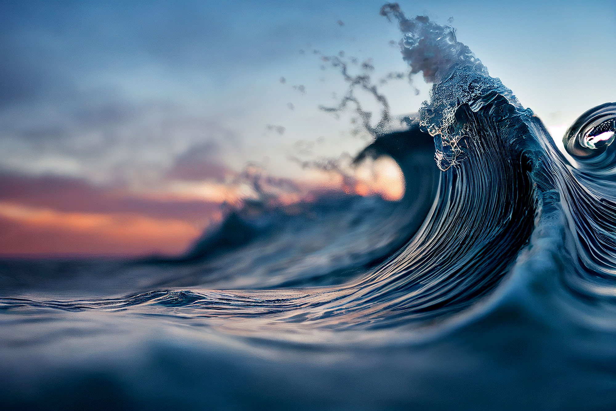 Ocean wave at sunset.