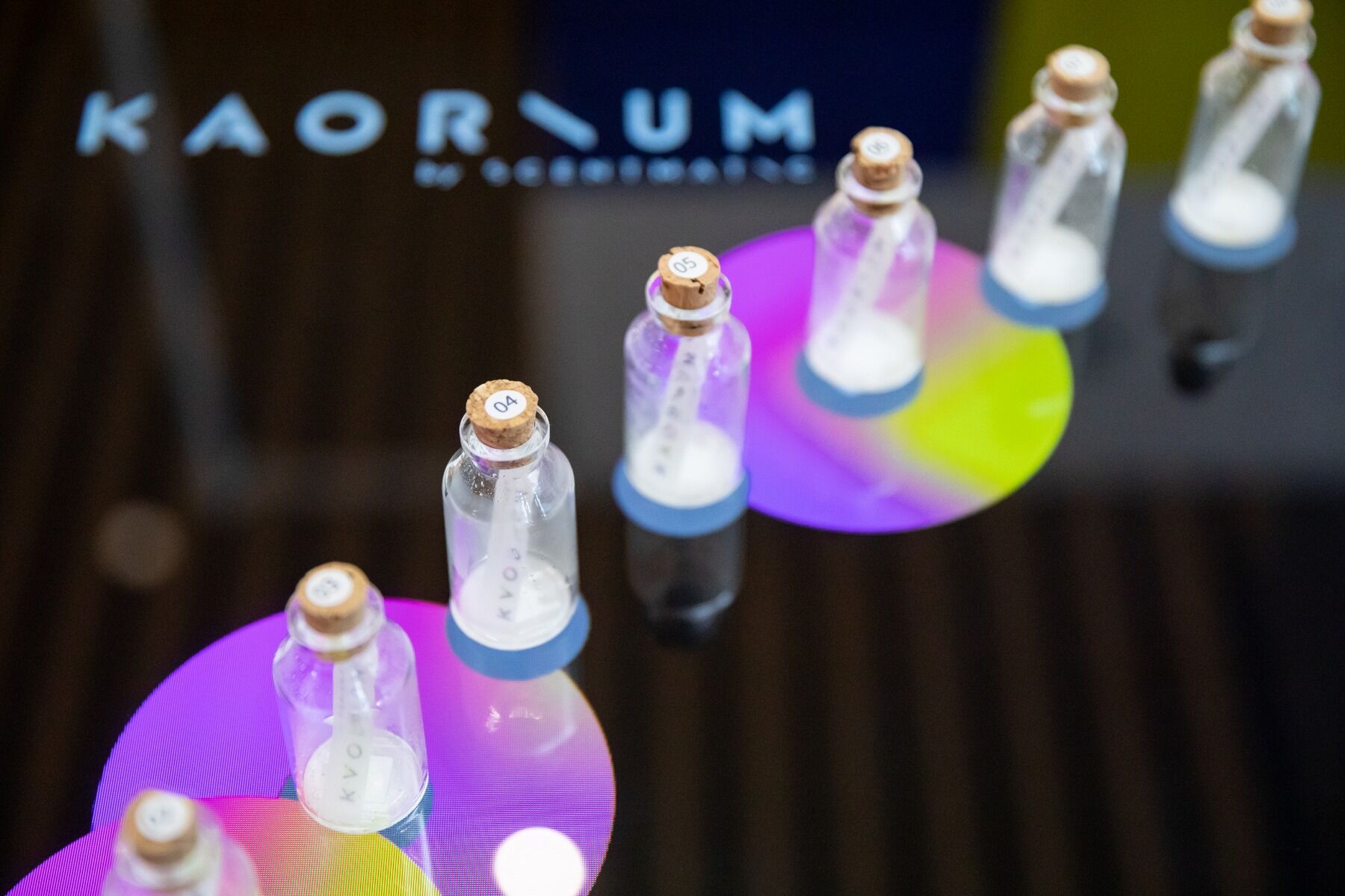 The Kaorium console with vials of fragrance stood on it