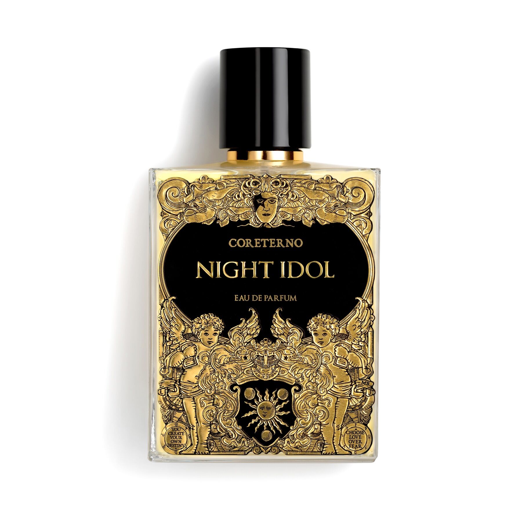 A cut out bottle of Night Idol by Coreterno showing an ornate label