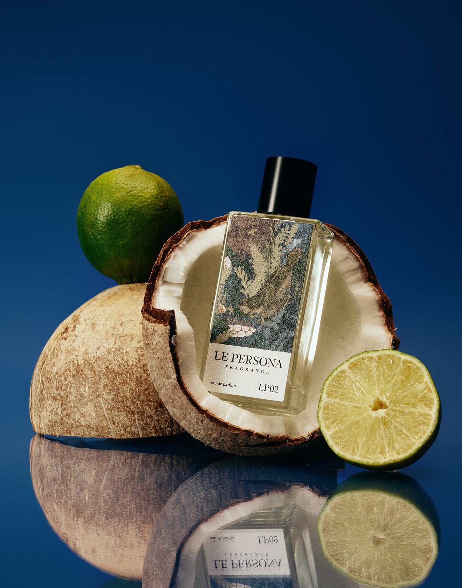 La Persona's Peacock Feather shown on a blue background with coconuts and limes