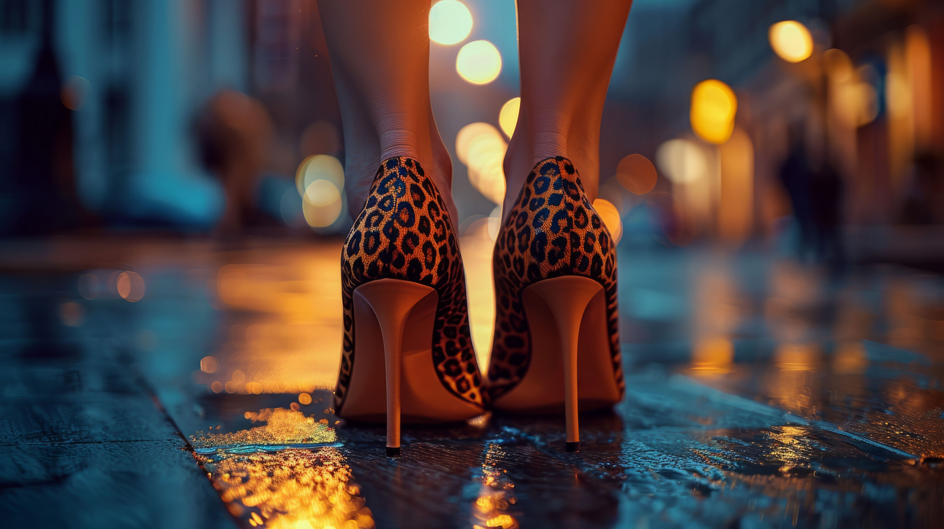 Close-up of a woman wearing leopard print high heels on a wet street at night