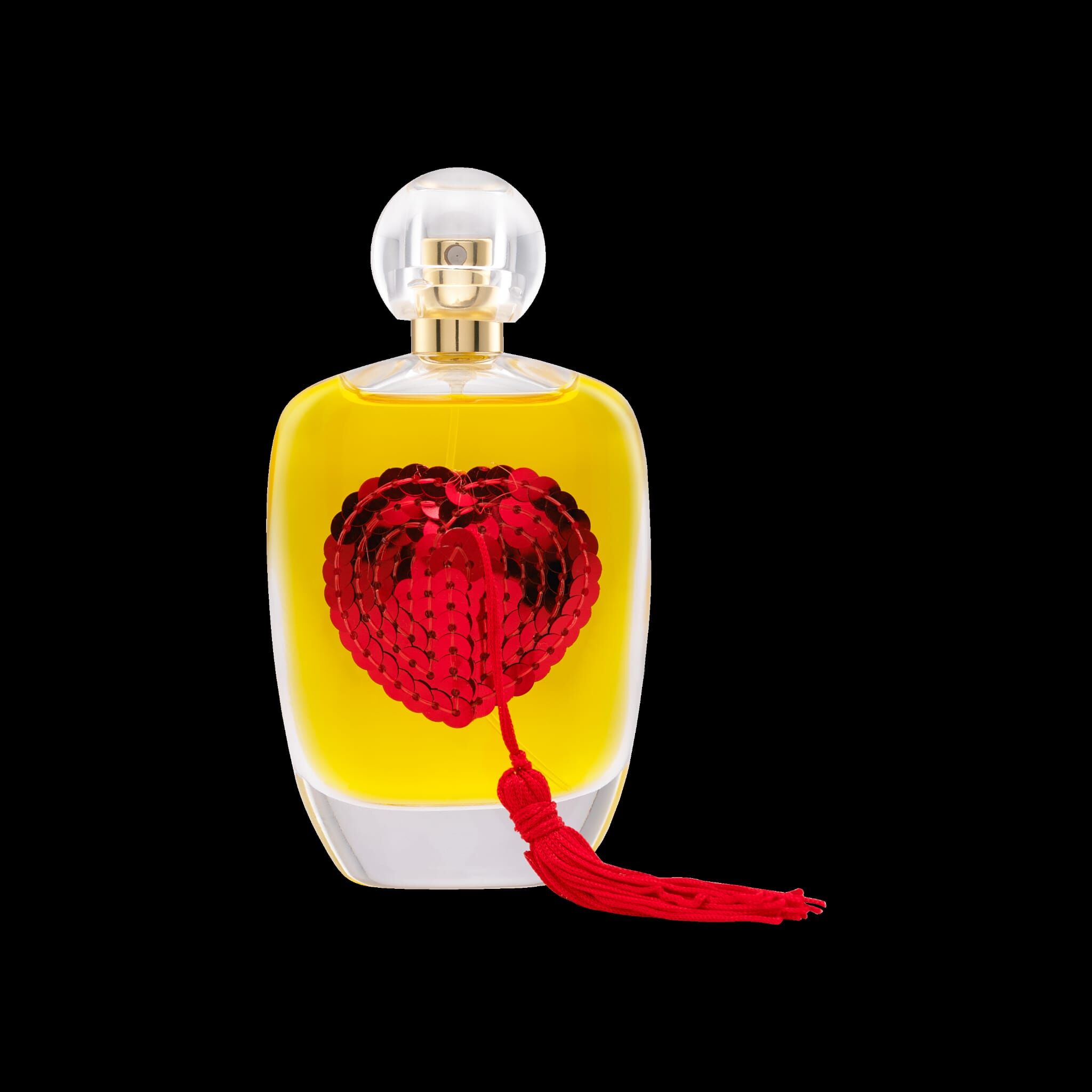 Tempest Rose fragrance with a tassle, against a black background
