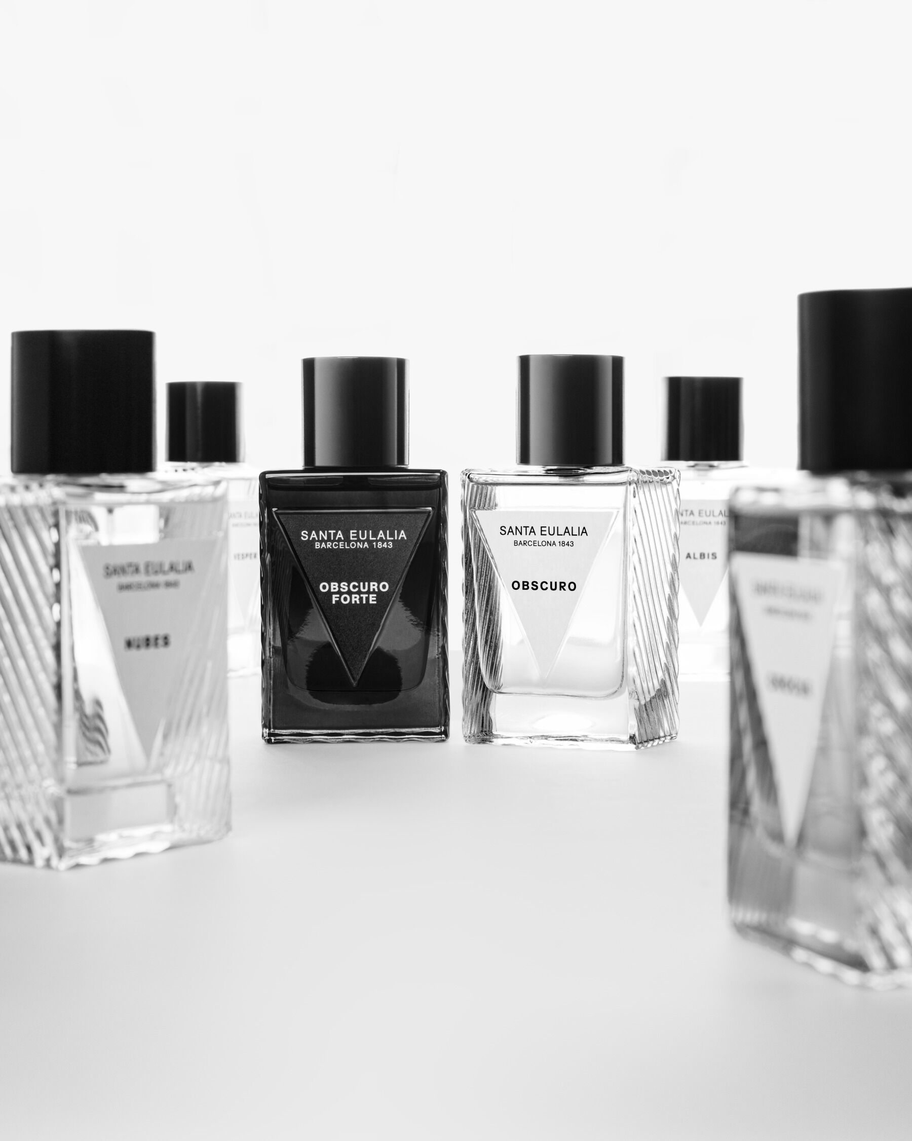 A group of Santa Eulalia perfumes on a white backdrop and shot in black and white