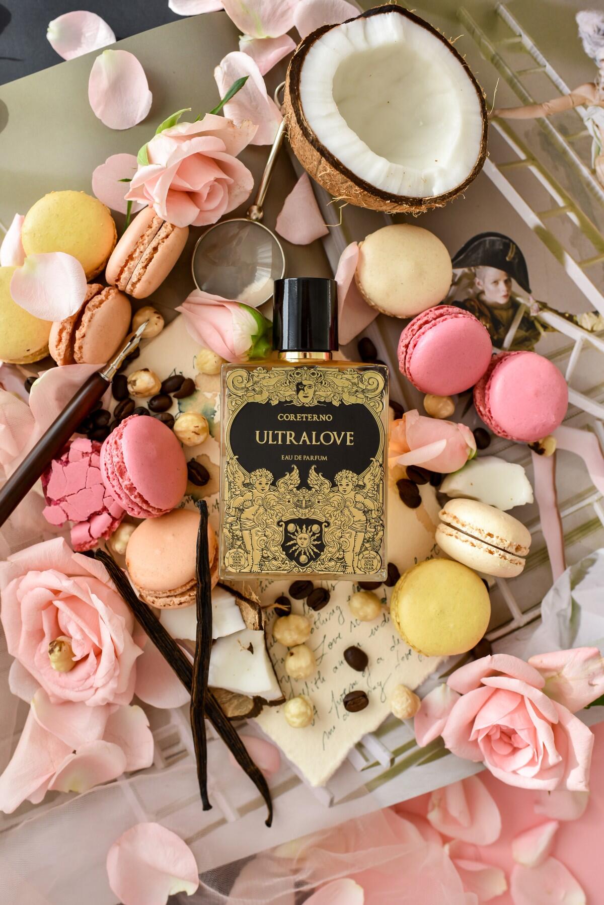 Ultralove surrounded by confectionary, rose petals and coconut