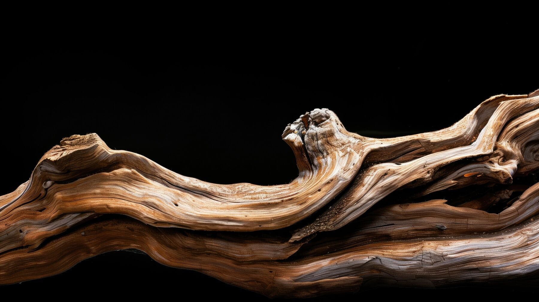 A piece of driftwood against a black background