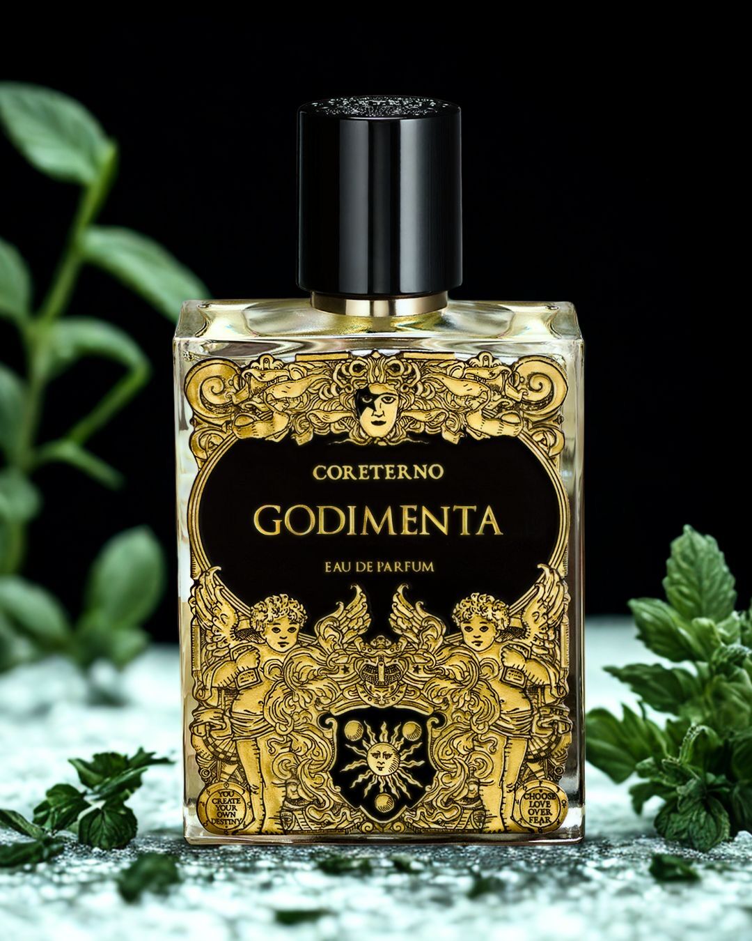 Godimenta from Coreterno stood on an icy base with mint surrounding it