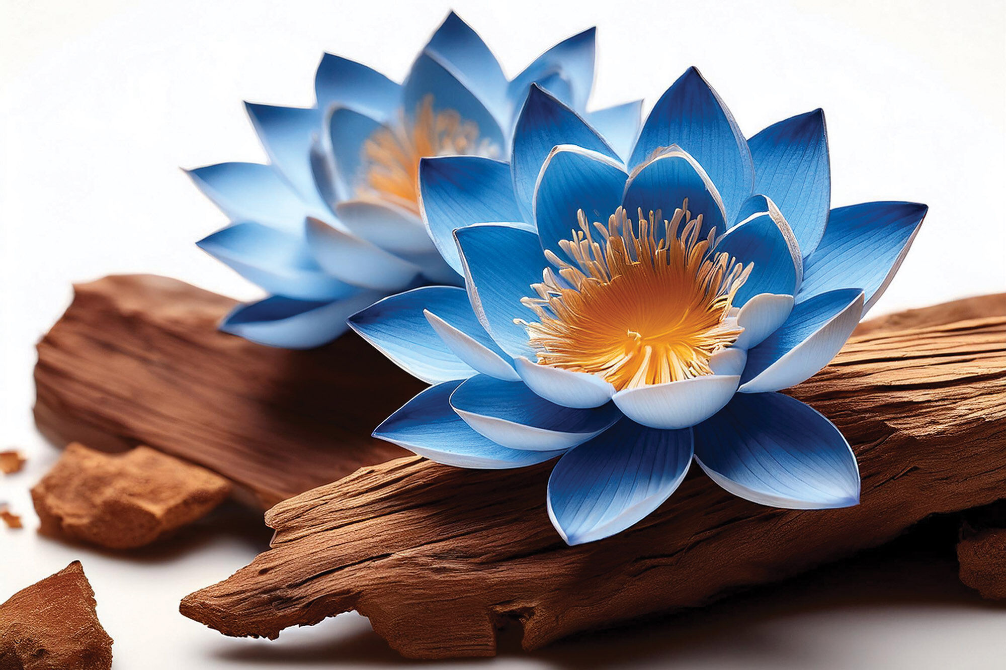 Blue lotus flowers on sandalwood.