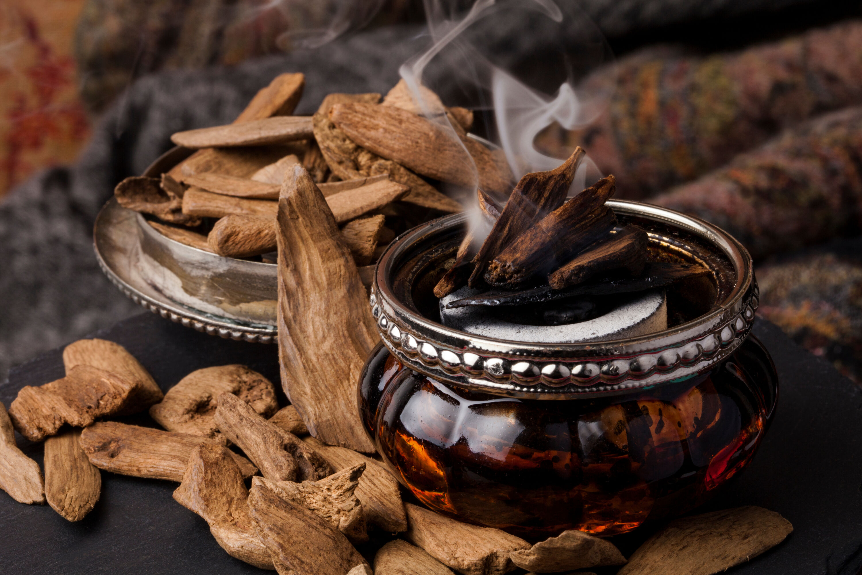 oudh agarwood chips burning