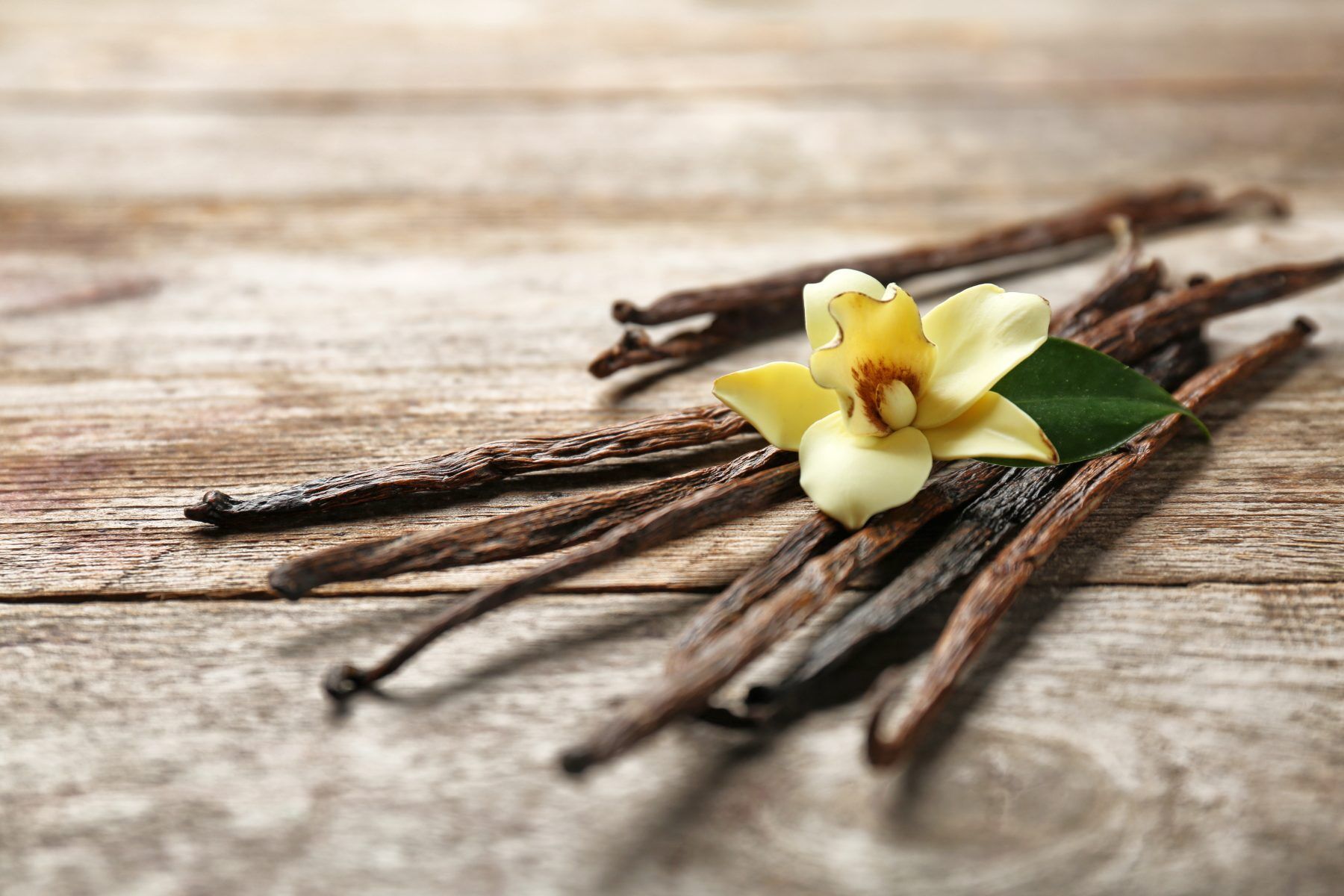 Vanilla pods and a flower on a wooden table