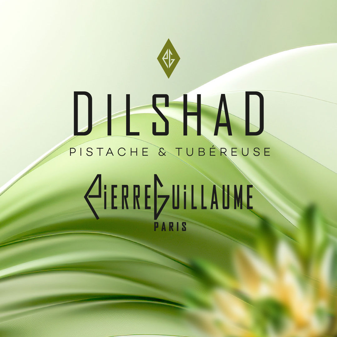 The words Pierre Guillaume and Dilshad against a green backdrop with tuberose flowers