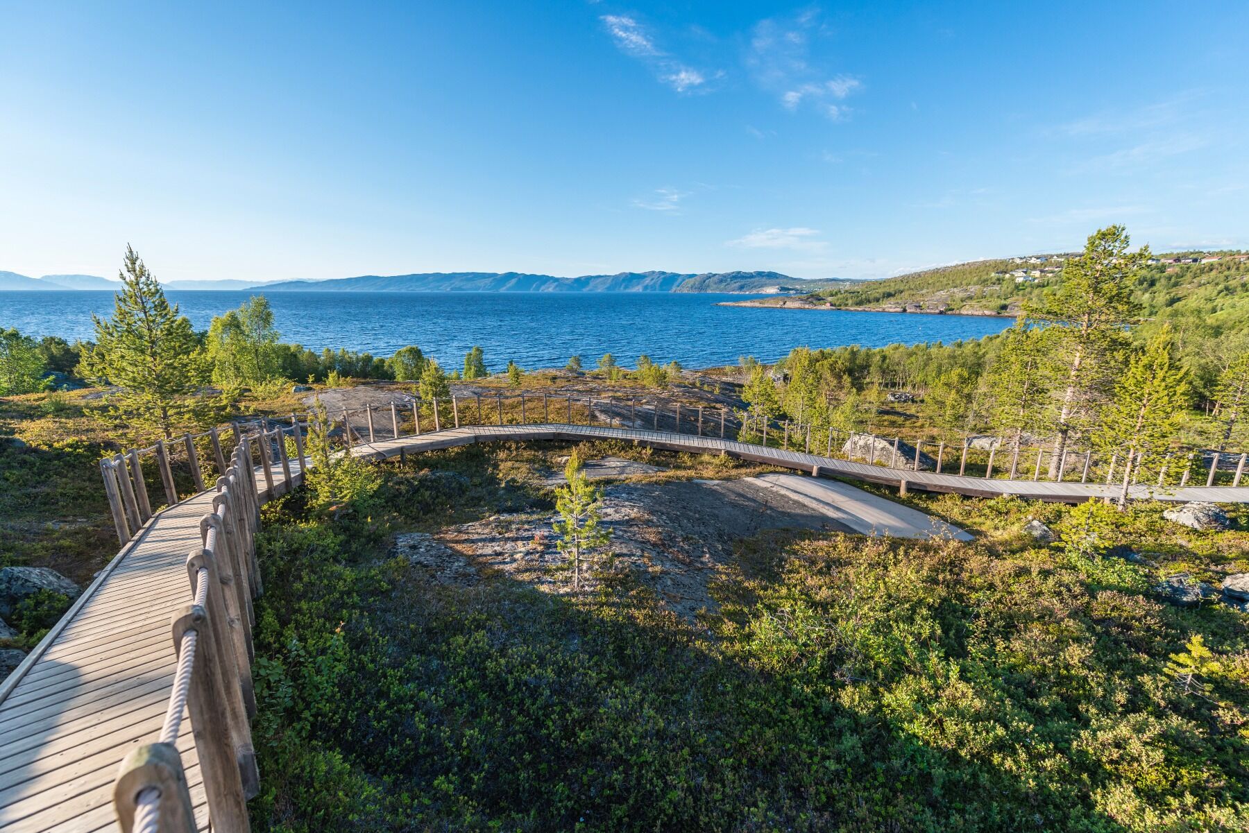 The bay of Alta showing a boardwalk leading down to the fjord