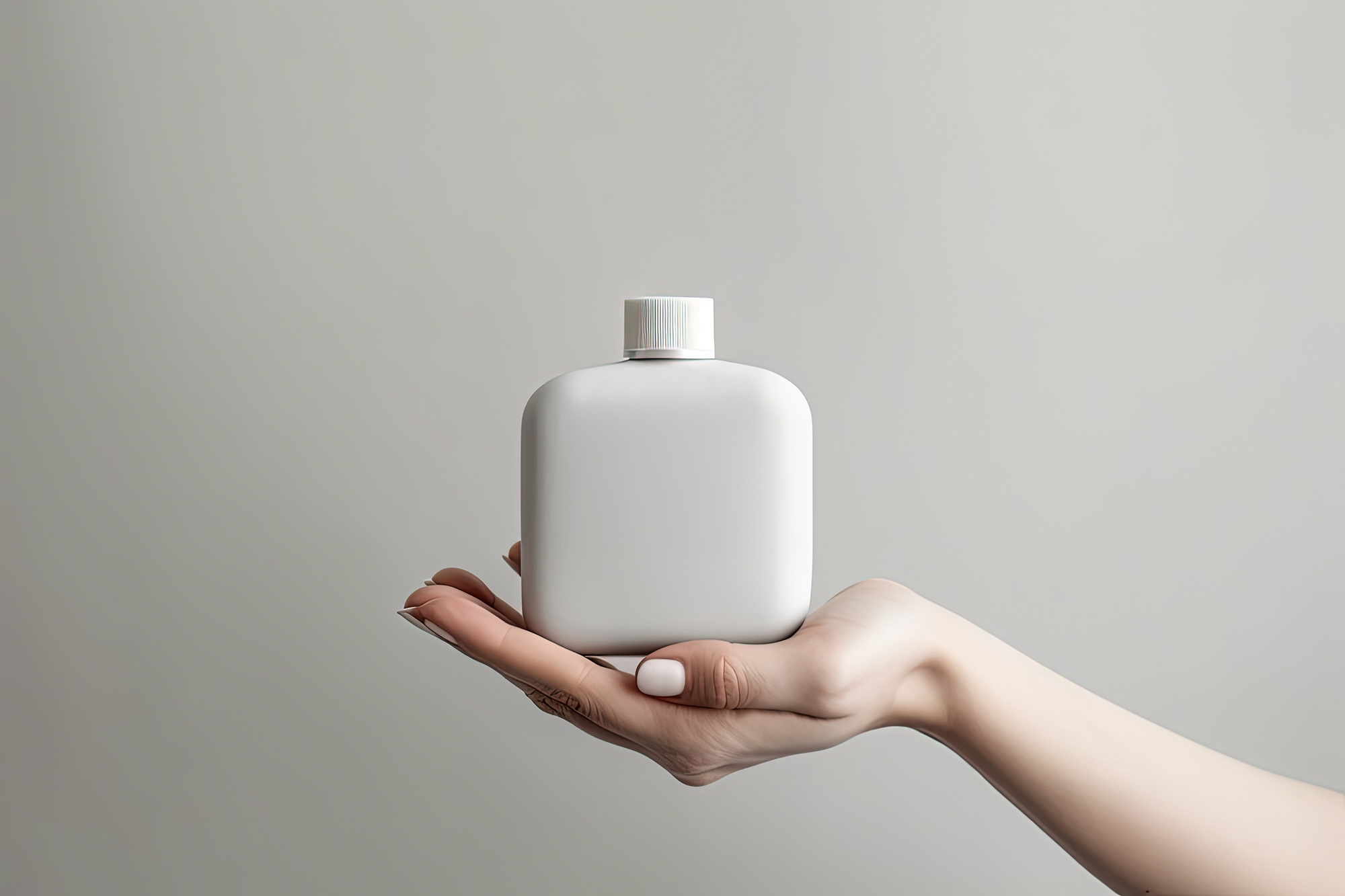 Perfume bottle in woman's hand.