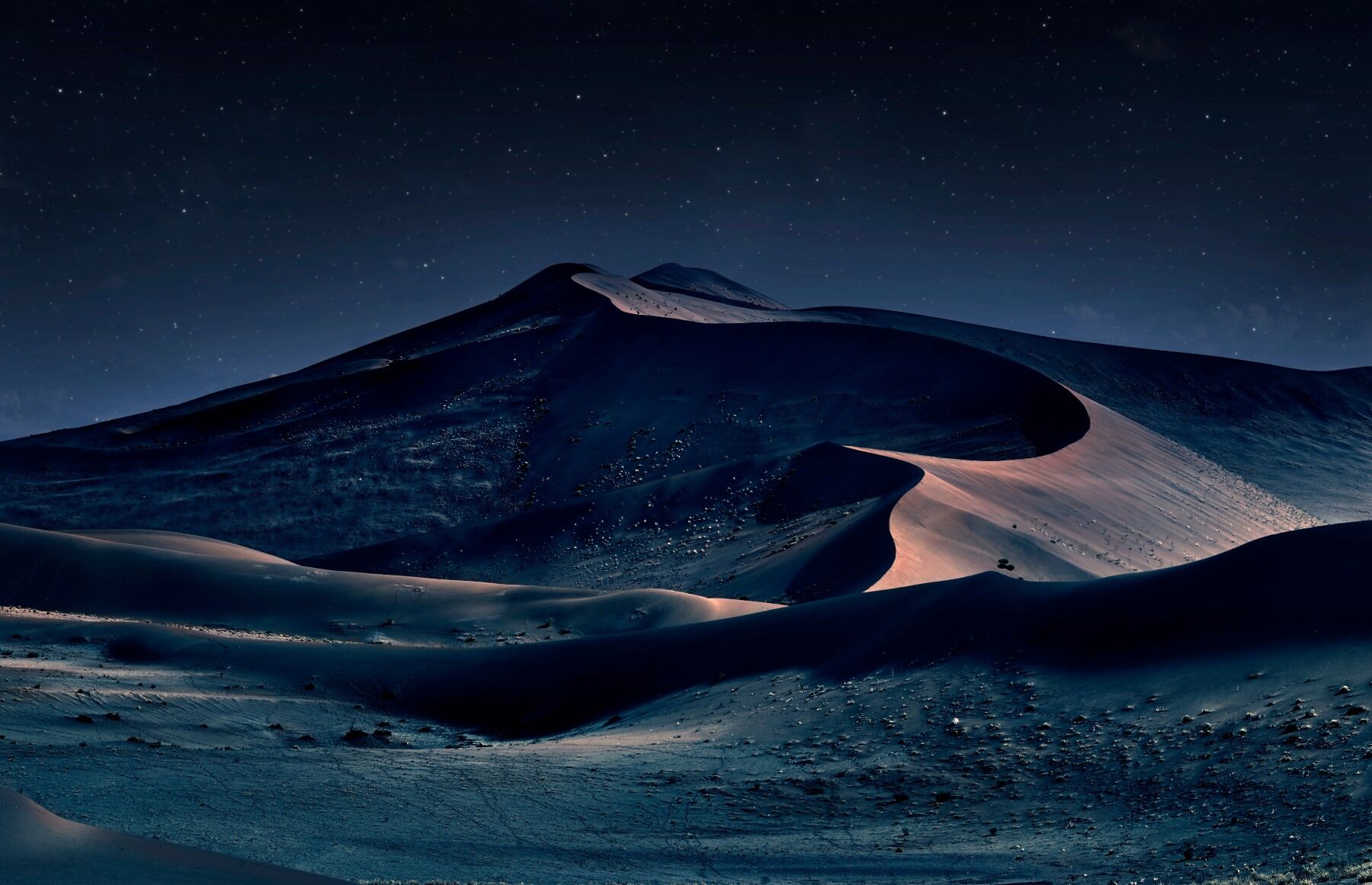 A desert under a night sky with stars