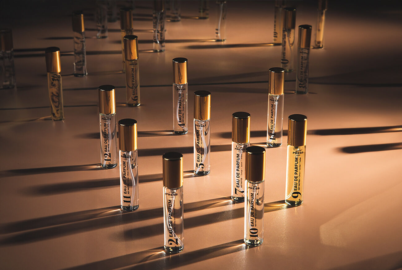 Arrangement of tall vials of 10 ml perfumes, EDP, Gurwitz.