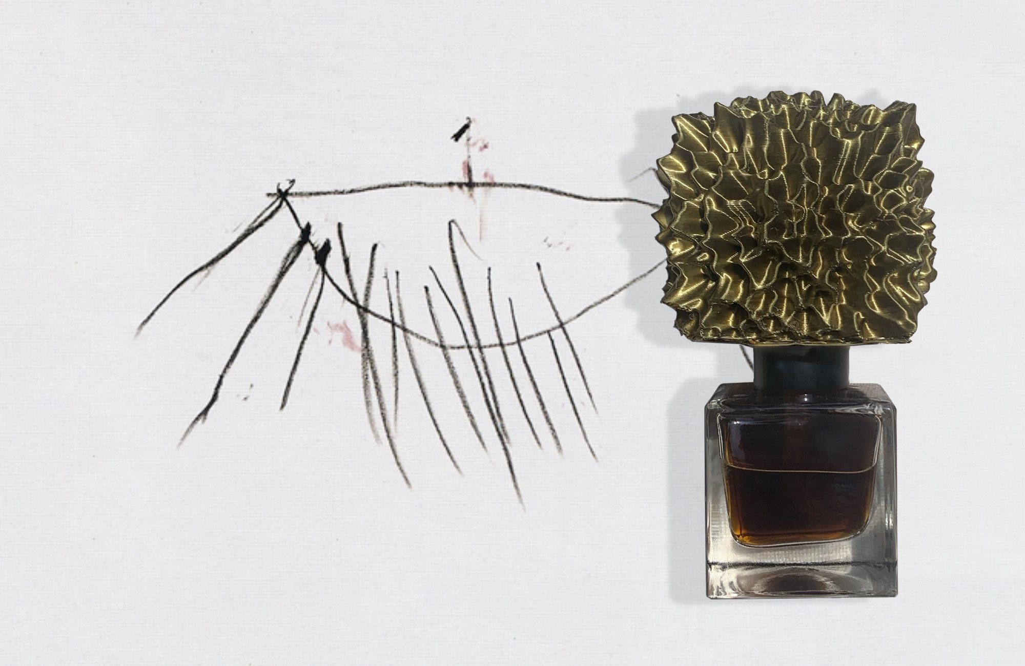 Coronation of Sesostris perfume bottle against Cy Twombly painting.