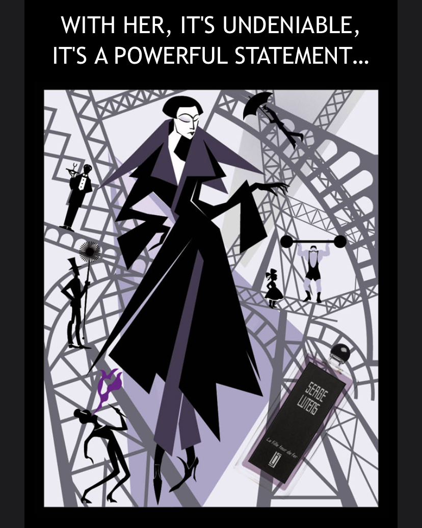La Fille tour de Fer by Serge Lutens, sketch of Parisian girl in front of French cliche images and Tour Eiffel