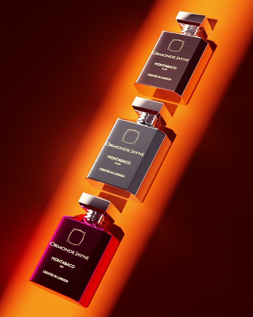 The Montabaco series of fragrances aligned in a beam of light